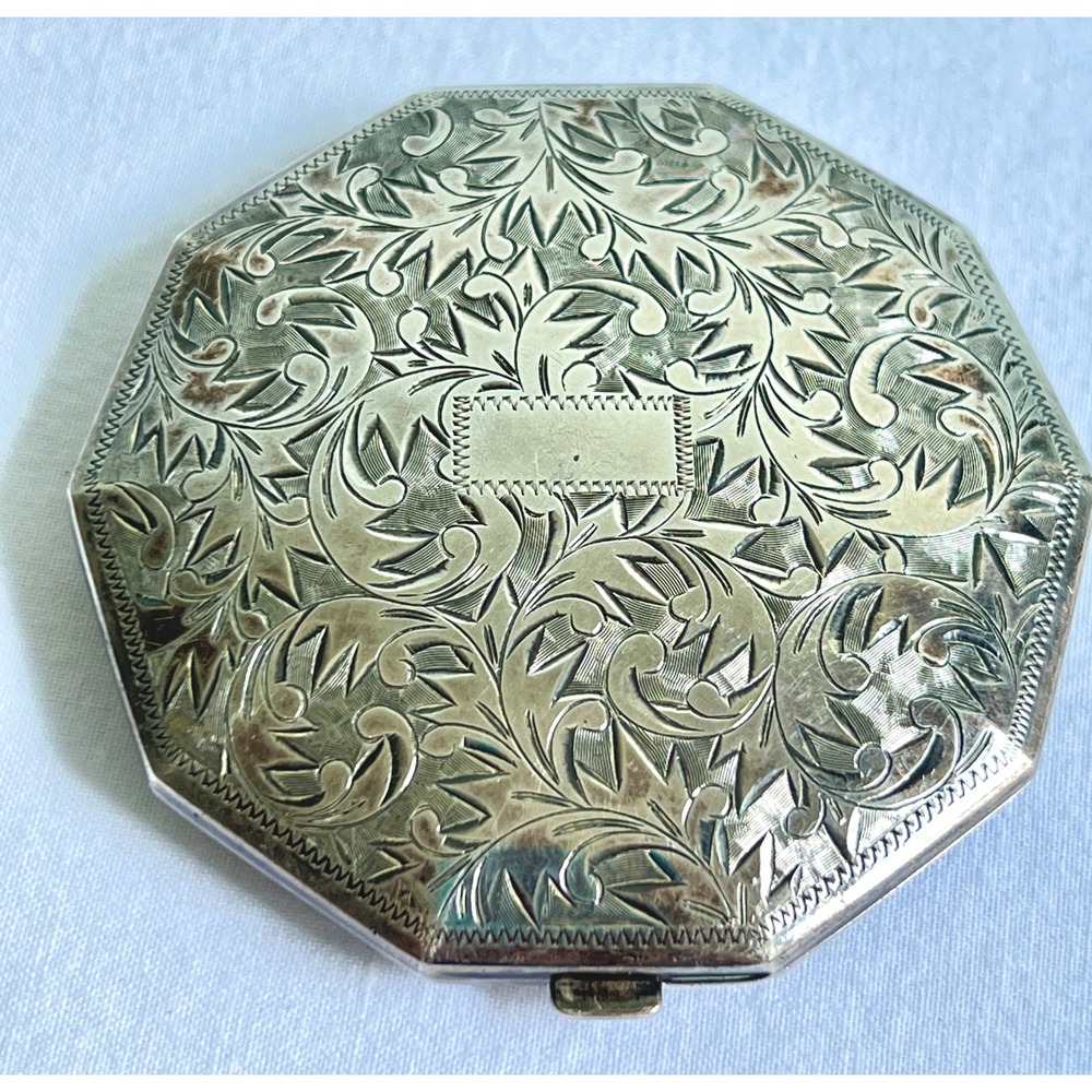 VTG Sterling 950 Silver Octagonal Mirror Powder Compact Chased Floral Scroll 97g